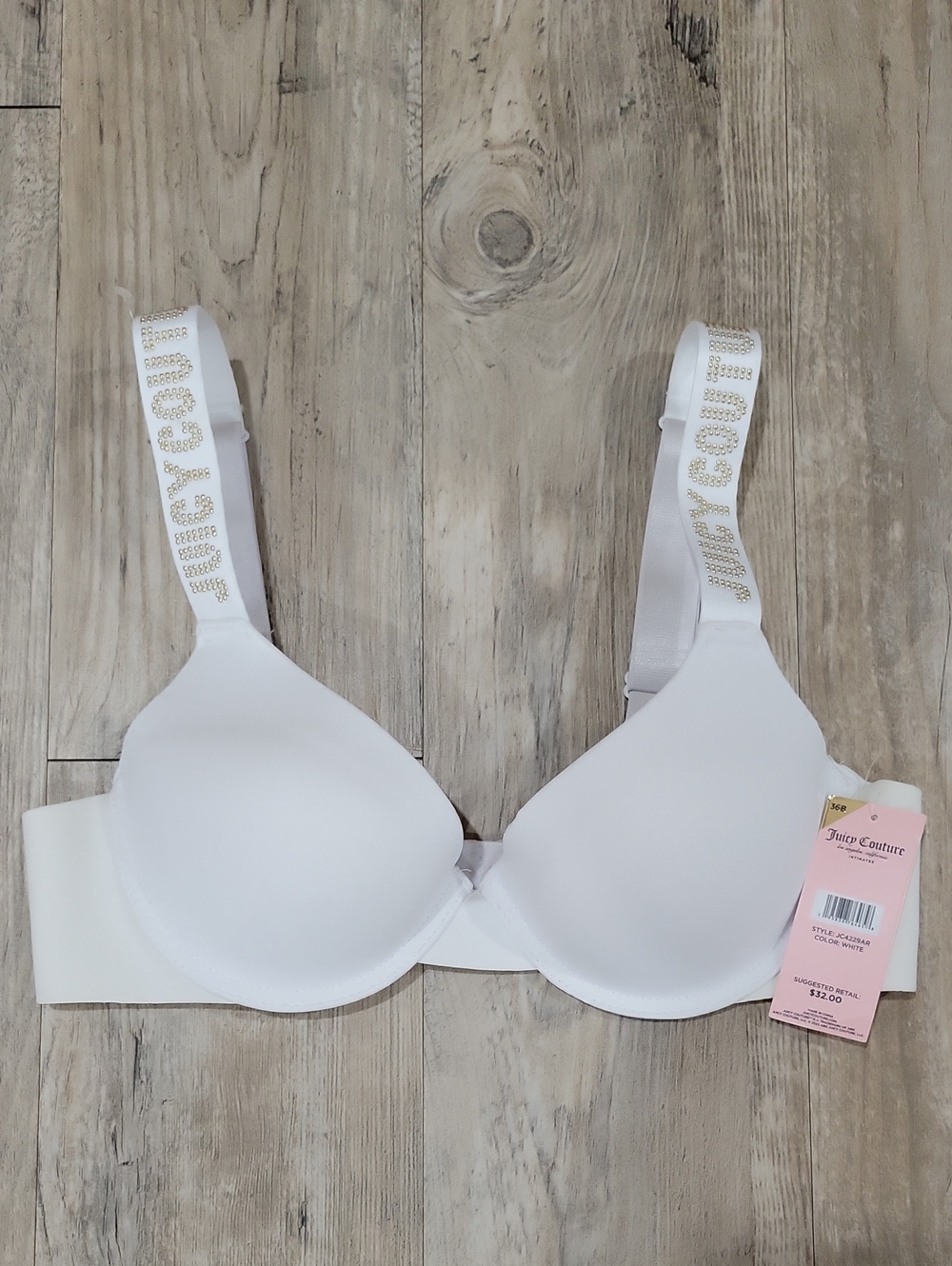 Juicy Couture White Padded T-Shirt Bra with Gold Logo Straps
